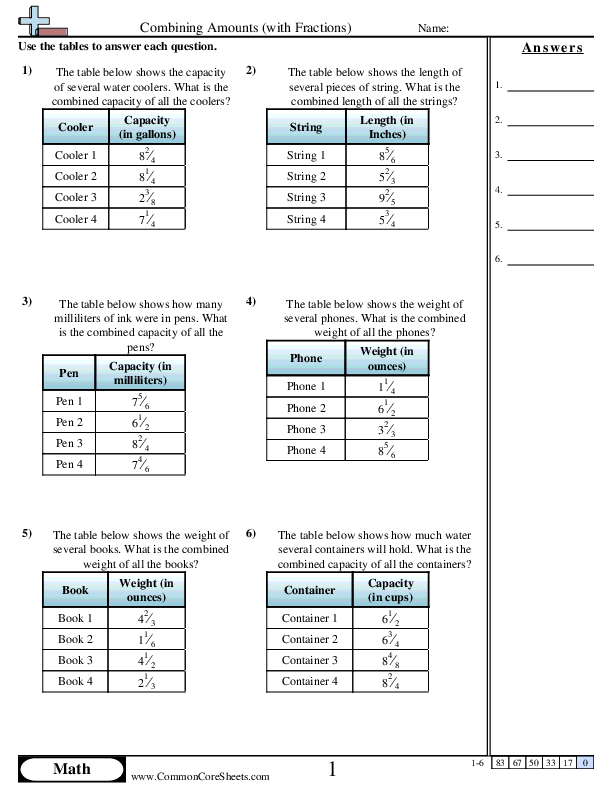 Combining Amounts worksheet